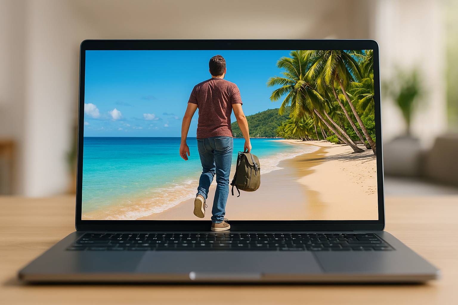 Man walking out of a laptop to a beach
